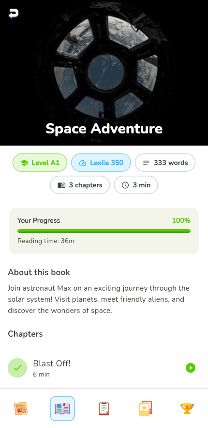 Owlio book detail with CEFR level and Lexile badges