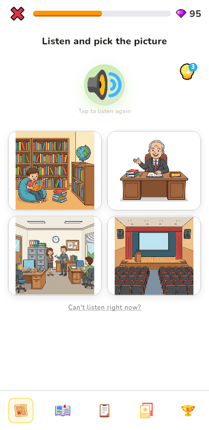Owlio listening question — hear the word, pick the picture